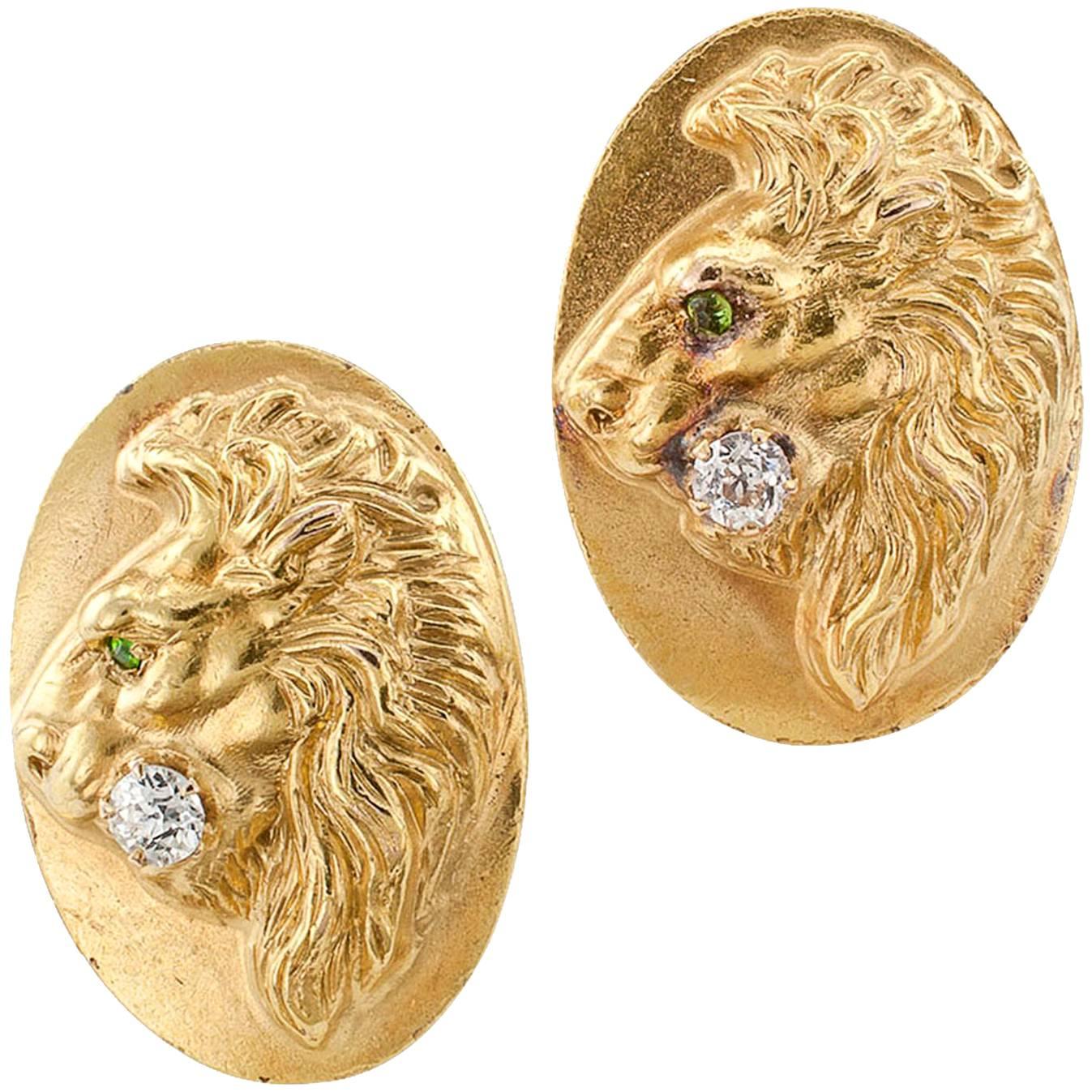 Art Nouveau Demantoid Diamond Gold Lion Head Cufflinks