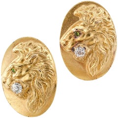 Antique Art Nouveau Demantoid Diamond Gold Lion Head Cufflinks