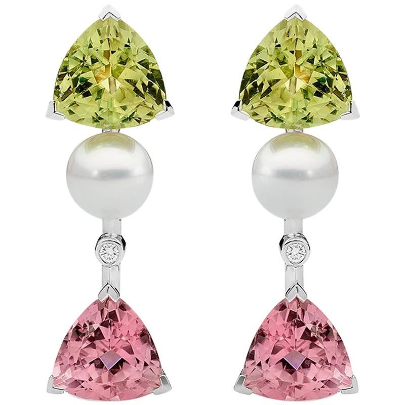 41.96 Carat Green and Pink Tourmaline, Diamond and Pearl Stud Drop Earrings For Sale