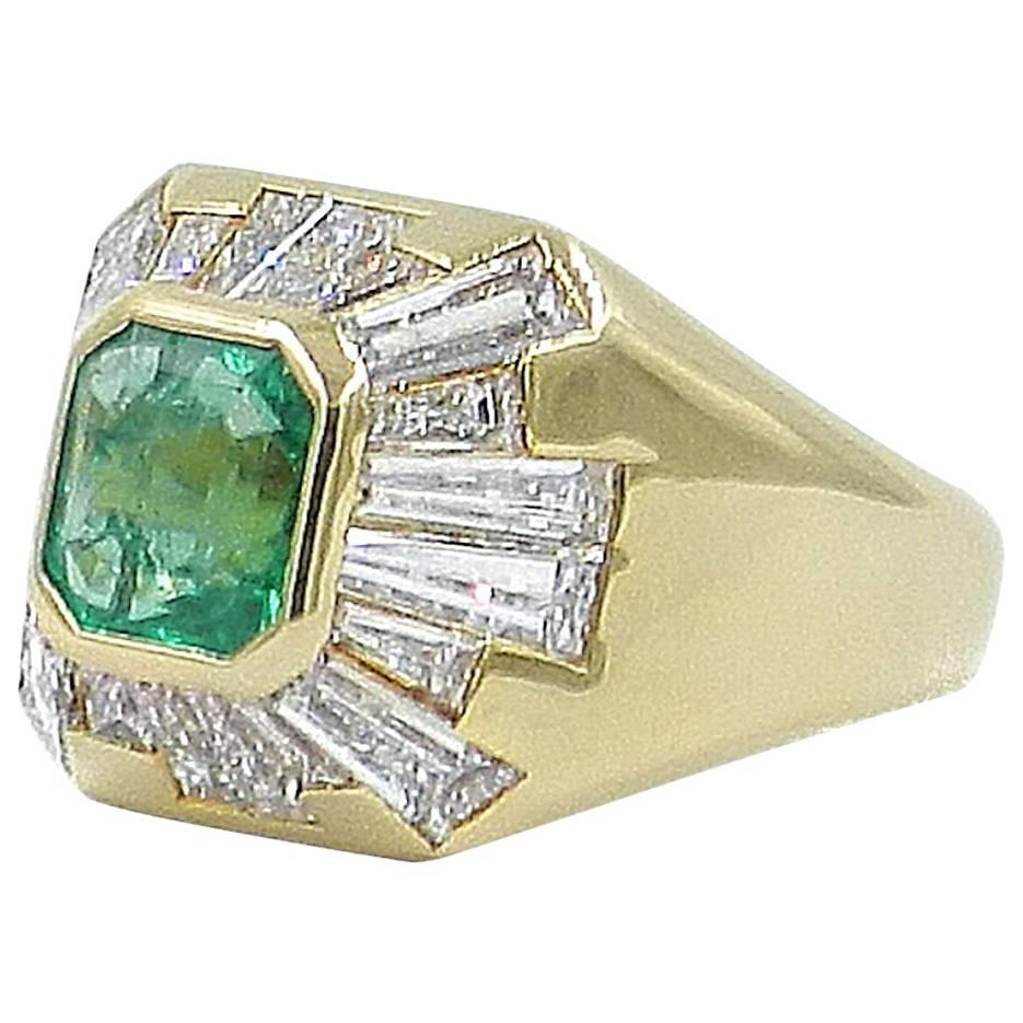 Emerald 1.10 Baguette Diamonds 2.80 Yellow Gold Pinky Ring
