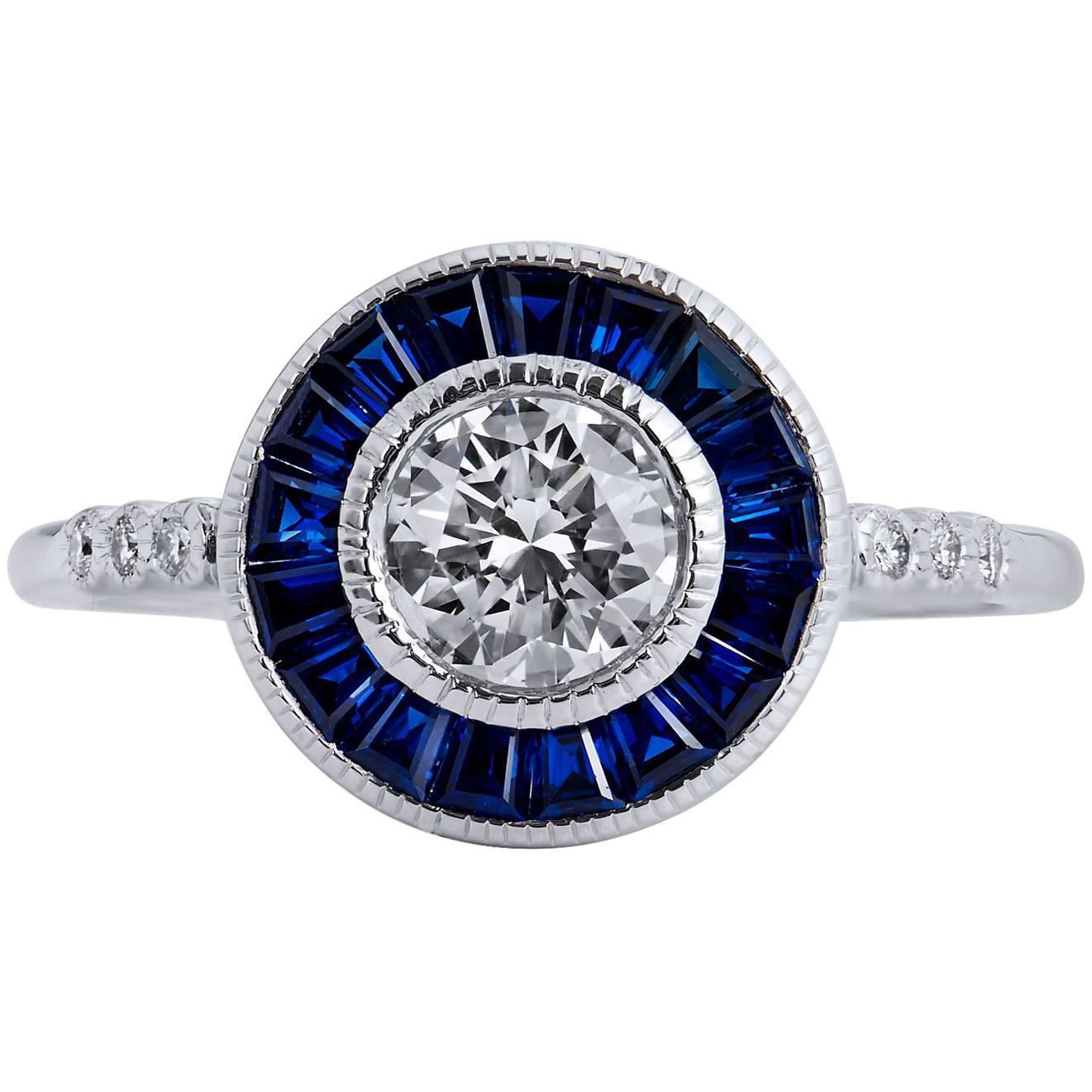 H & H  0.63 Carat Diamond Sapphire Platinum Ring