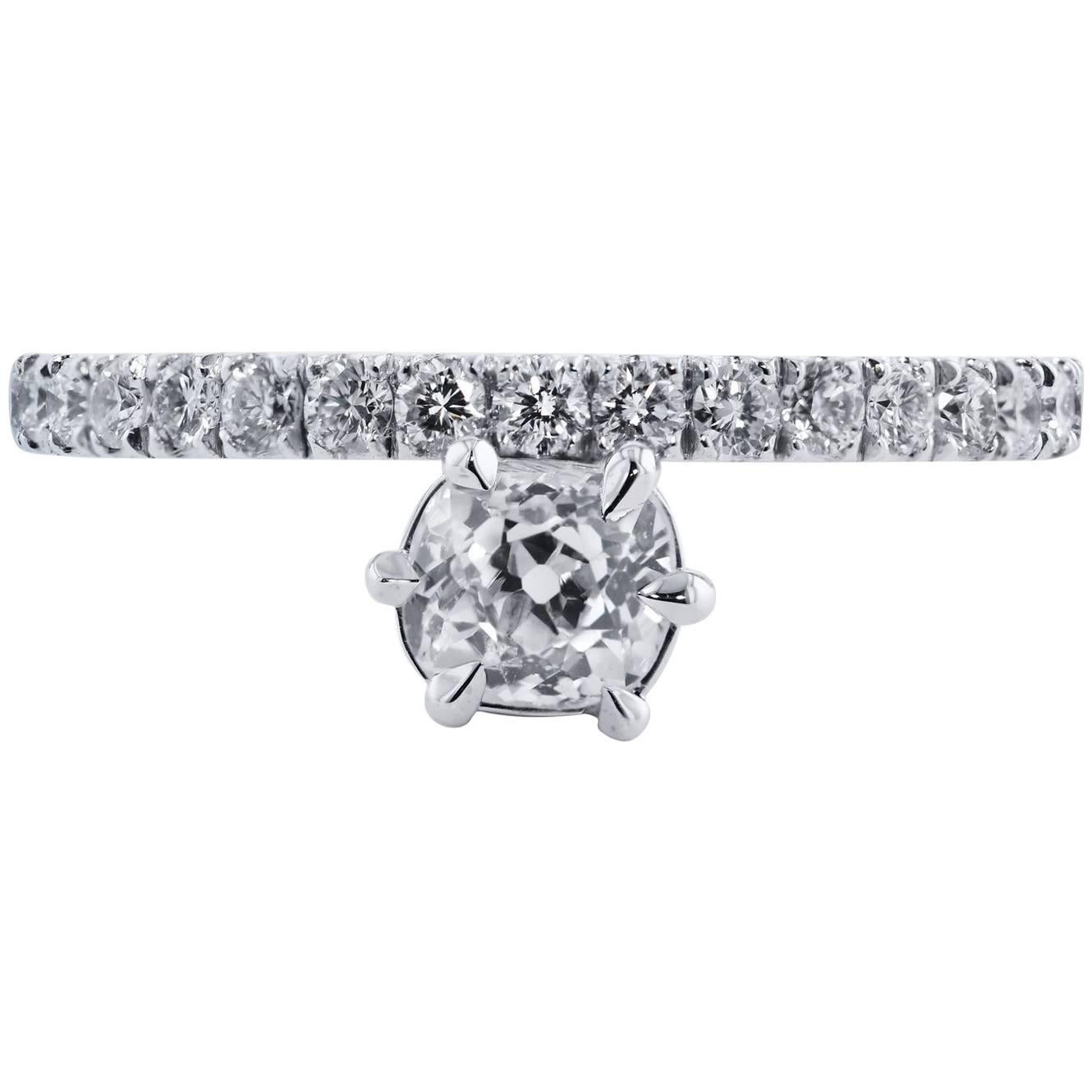 H&H 0.61 Carat Solitaire Antique Cushion Cut Diamond with Pave Band Ring 6.5