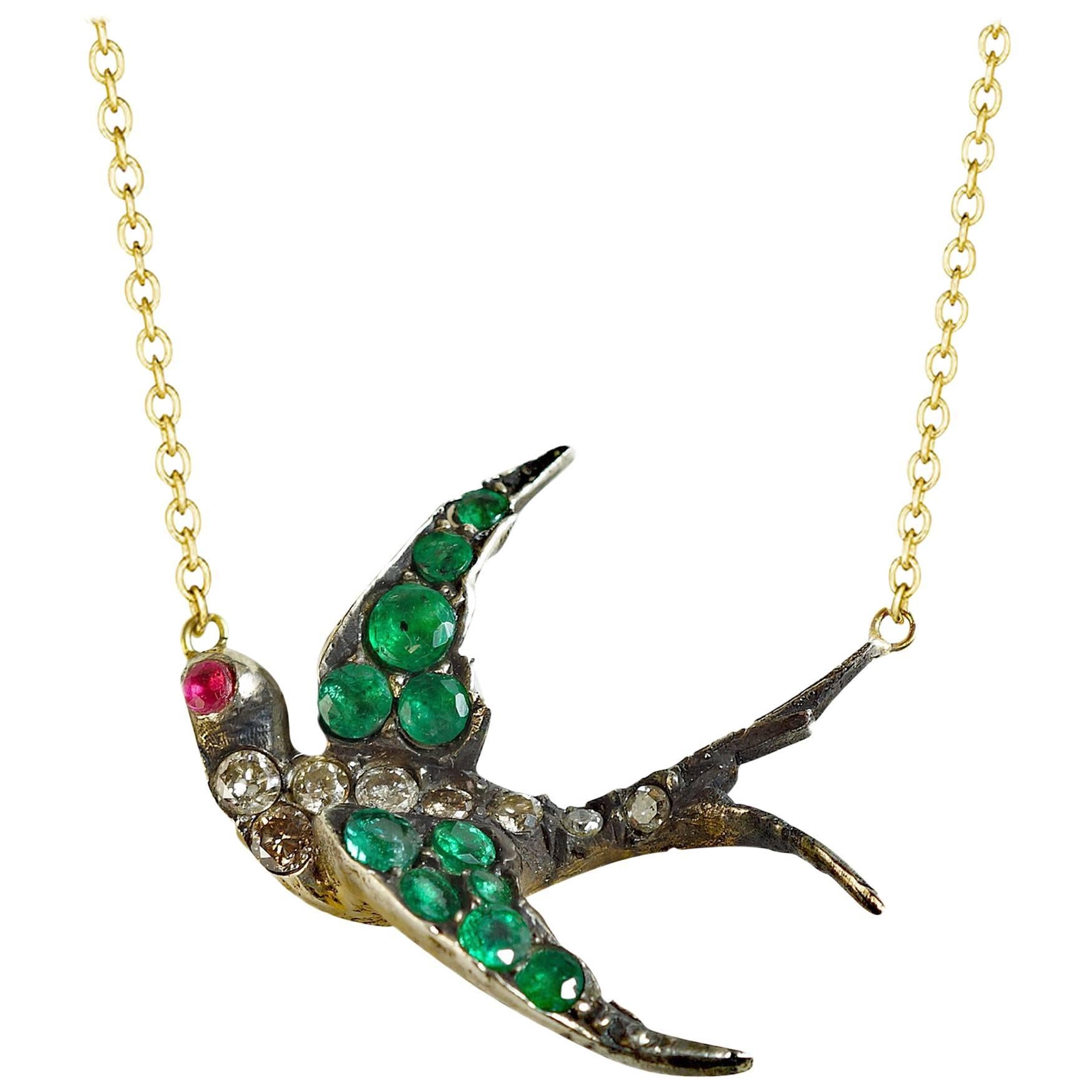 Victorian Emerald and Diamond Swallow Necklace For Sale