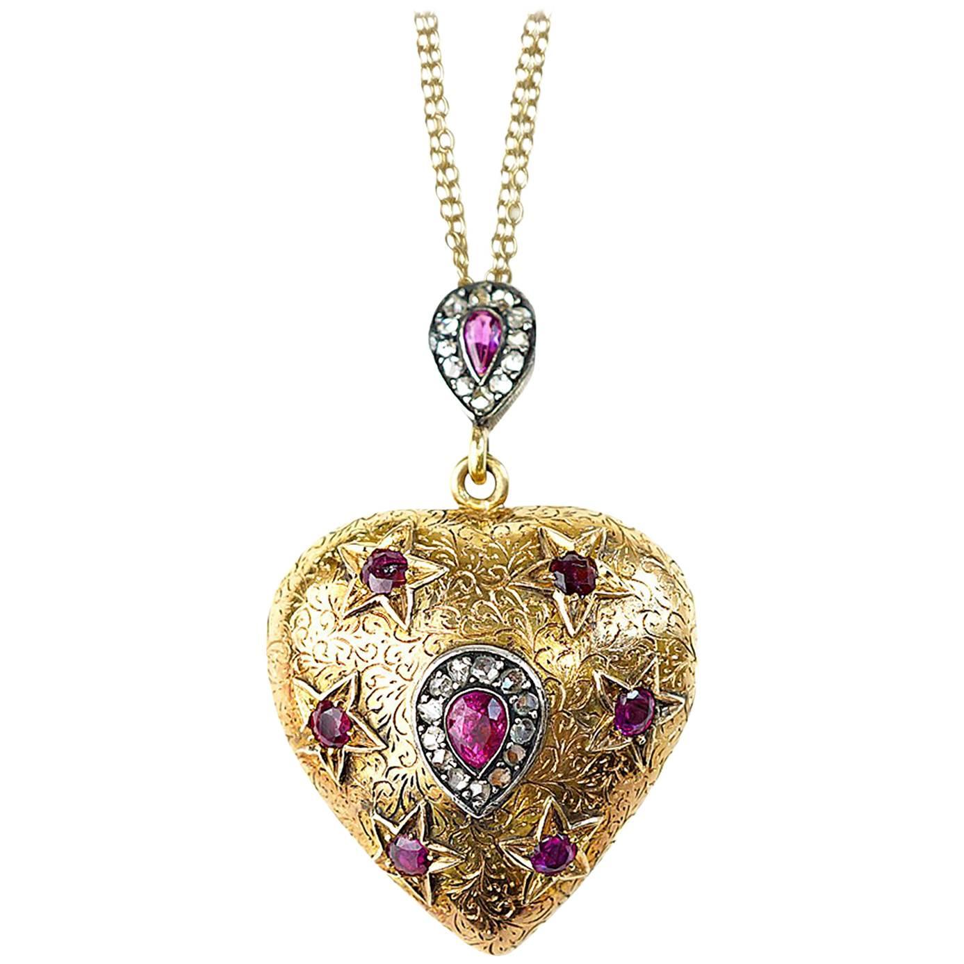 Ruby and Diamond Gold Heart with Stars Locket For Sale