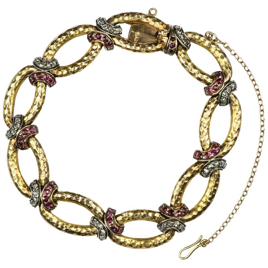 Victorian Diamond and Ruby Gold Link Bracelet
