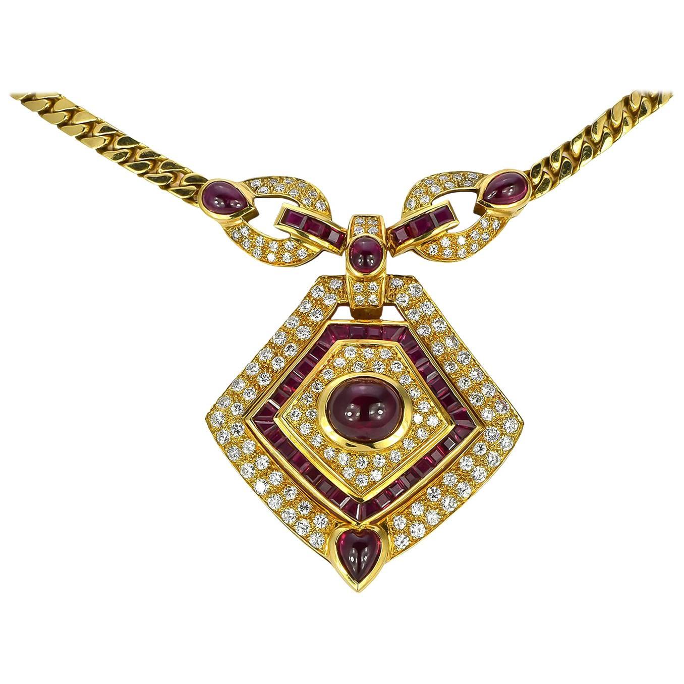 Ruby Diamond Pendant Yellow Gold Necklace