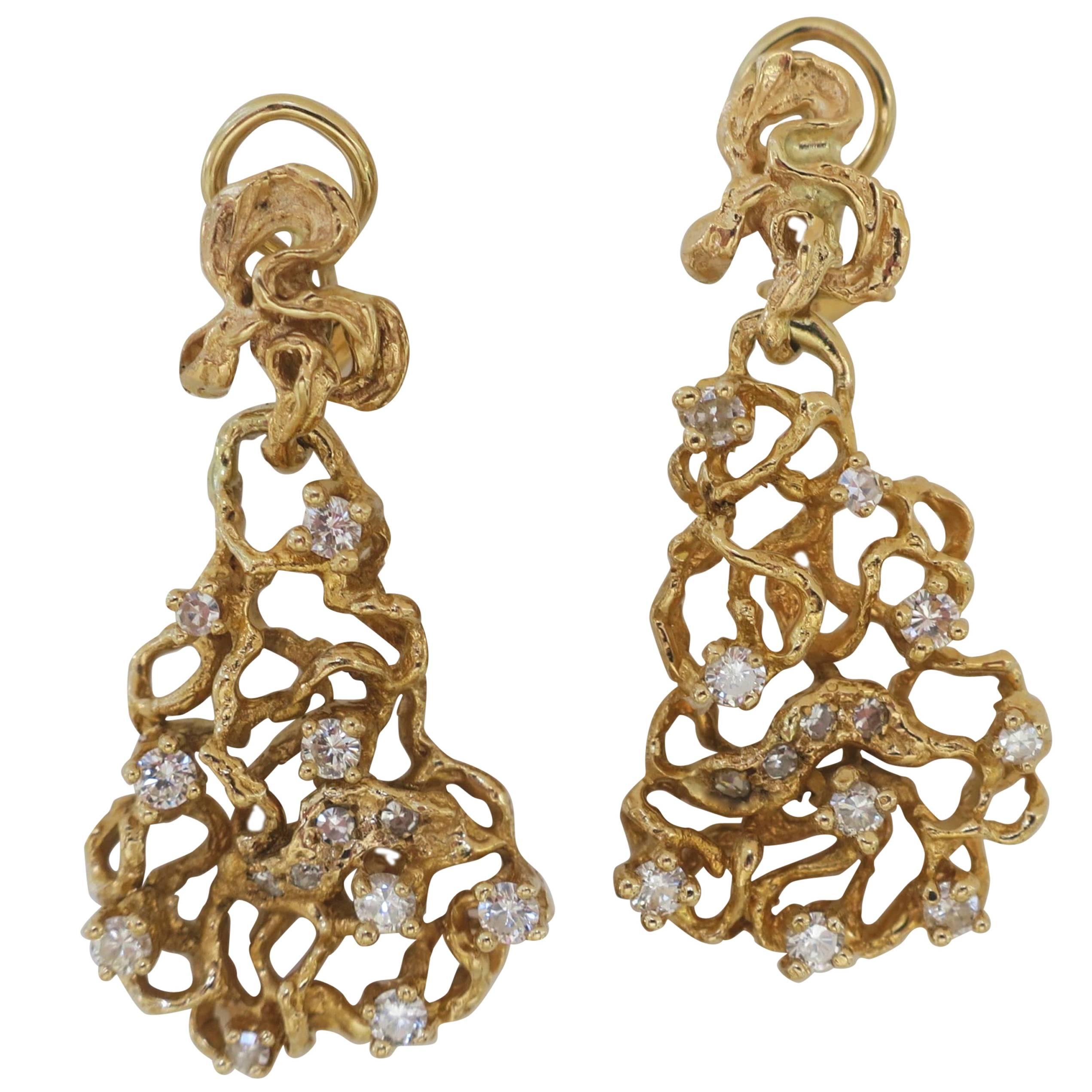 Free-Form Gold and Diamond Dangle Earrings, 1970s