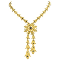 Vintage Greek 18 Karat Gold Blue Sapphire Florette Necklace