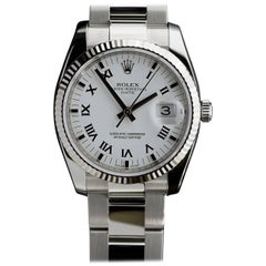 Rolex Stainless Steel Oyster Perpetual White Dial Date Fluted Bezel Wristwatch  