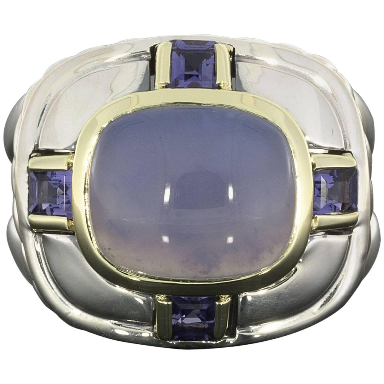 David Yurman Chalcedony and Iolite Renaissance Cable Silver and Gold Ring
