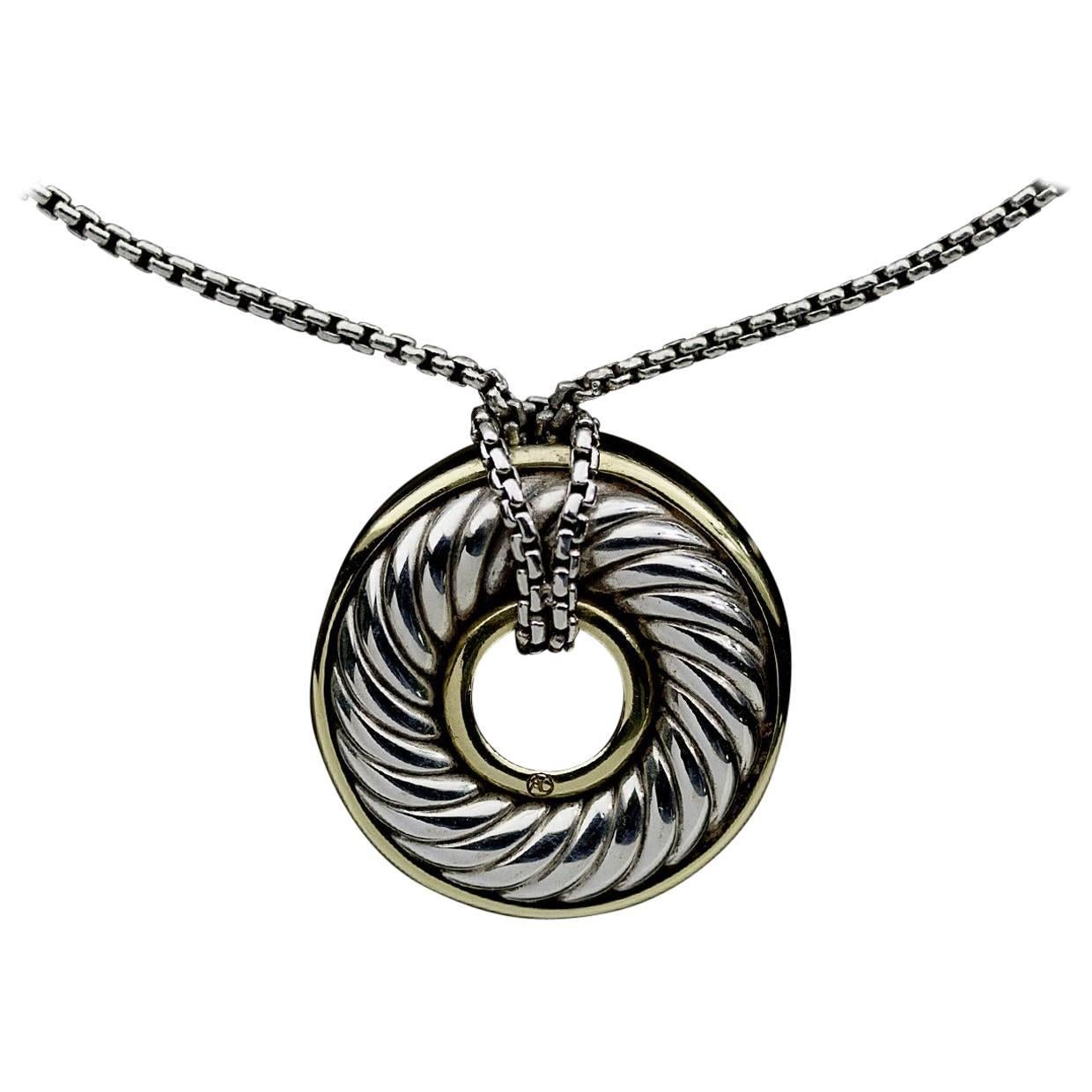 David Yurman Carved Cable Disc Silver and Gold Pendant Necklace
