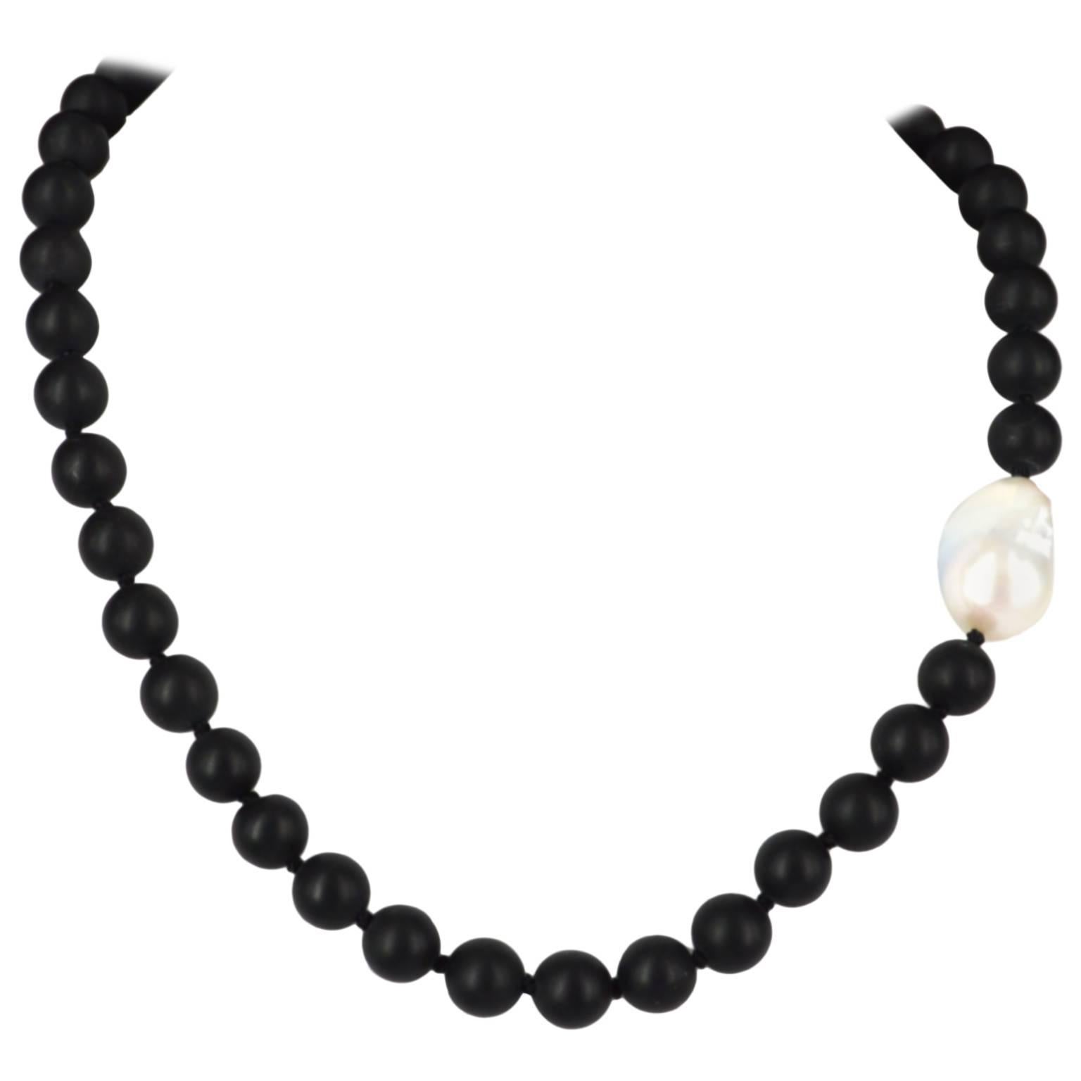 Decadent Jewels Matt Onyx and Large Baroque Pearl Silver Necklace
