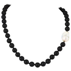 Decadent Jewels Matt Onyx and Large Baroque Pearl Silver Necklace