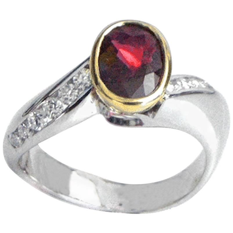 Oval Shape Ruby 1.38 and Round Diamonds 0.38 Italian Ring, circa 1960