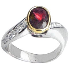 Vintage Oval Shape Ruby 1.38 and Round Diamonds 0.38 Italian Ring, circa 1960