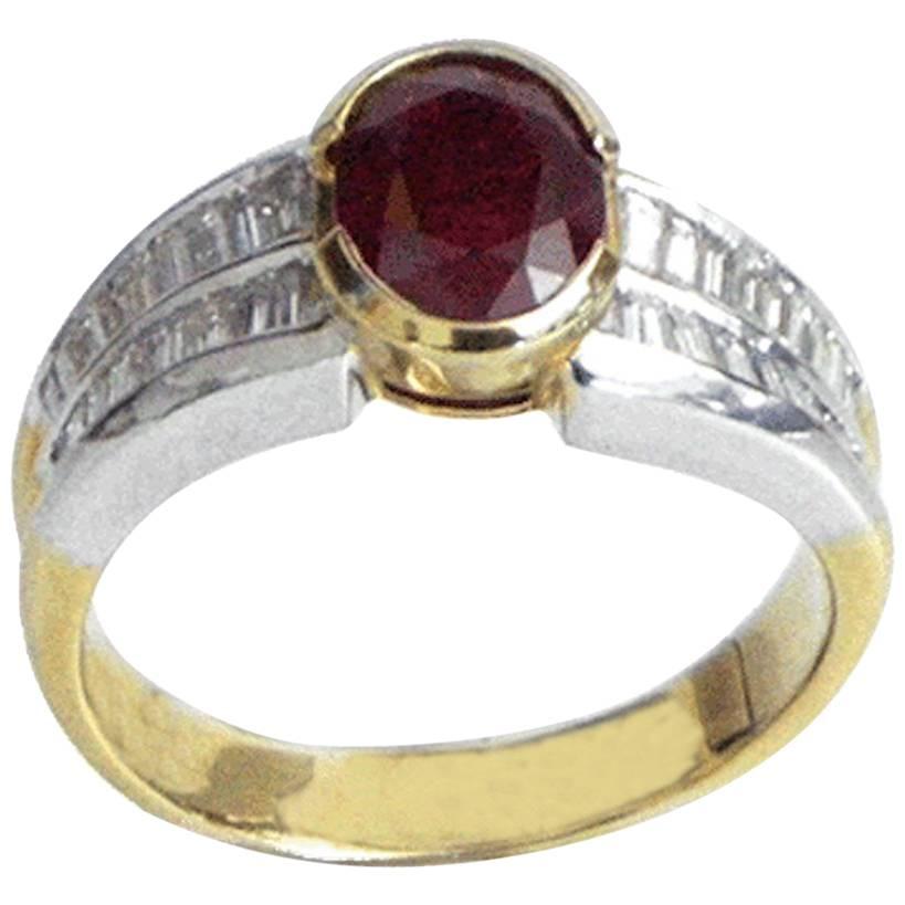 Oval Shape Ruby 1.93 and Baguette Cut Diamonds 0.82 Ring, circa 1960 For Sale