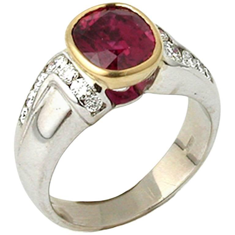 Oval Shape Natural Ruby 3.37 with Round Diamonds 0.50 Ring, circa 1960
