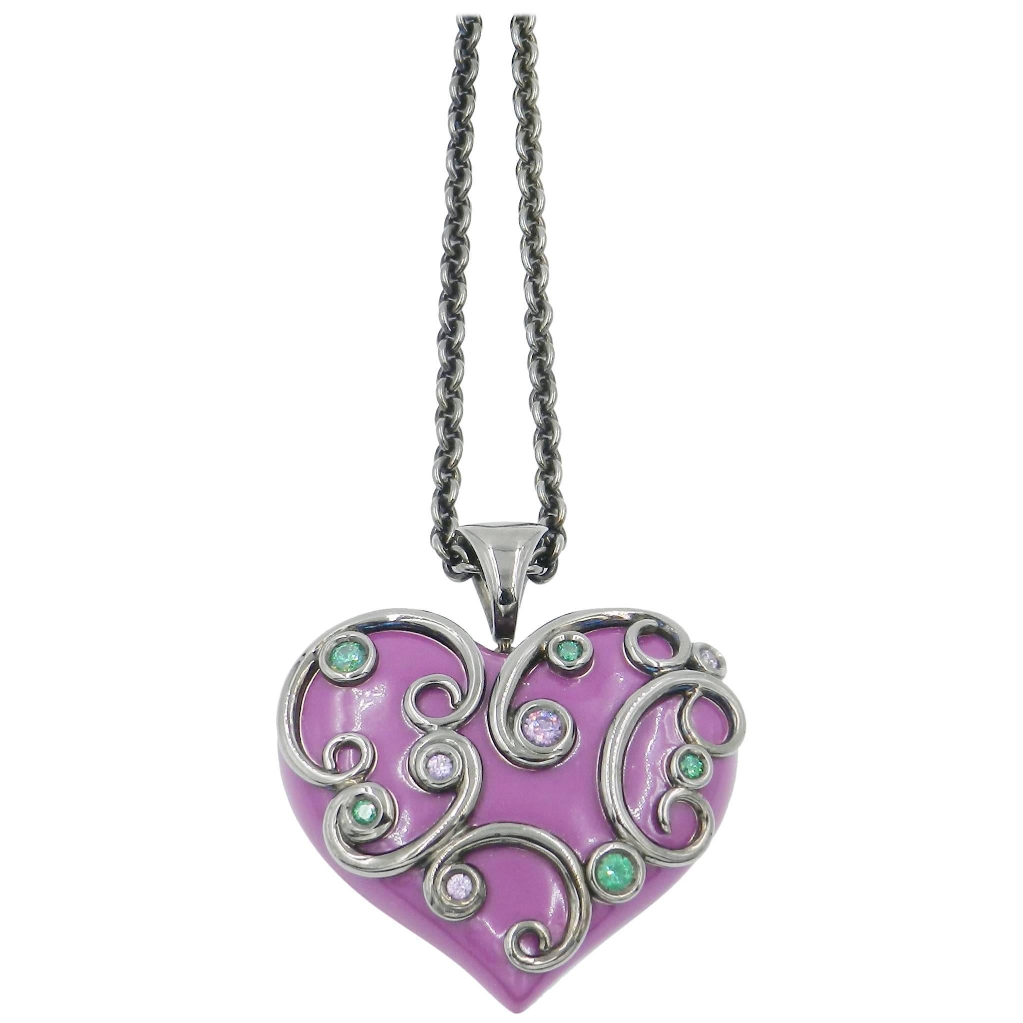 Silver Heart Pendant with Purple Enamel Tzavorite and Amethyst