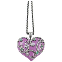 Silver Heart Pendant with Purple Enamel Tzavorite and Amethyst