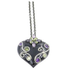 Silver Heart Pendant with Black Enamel Peridot and Amethyst