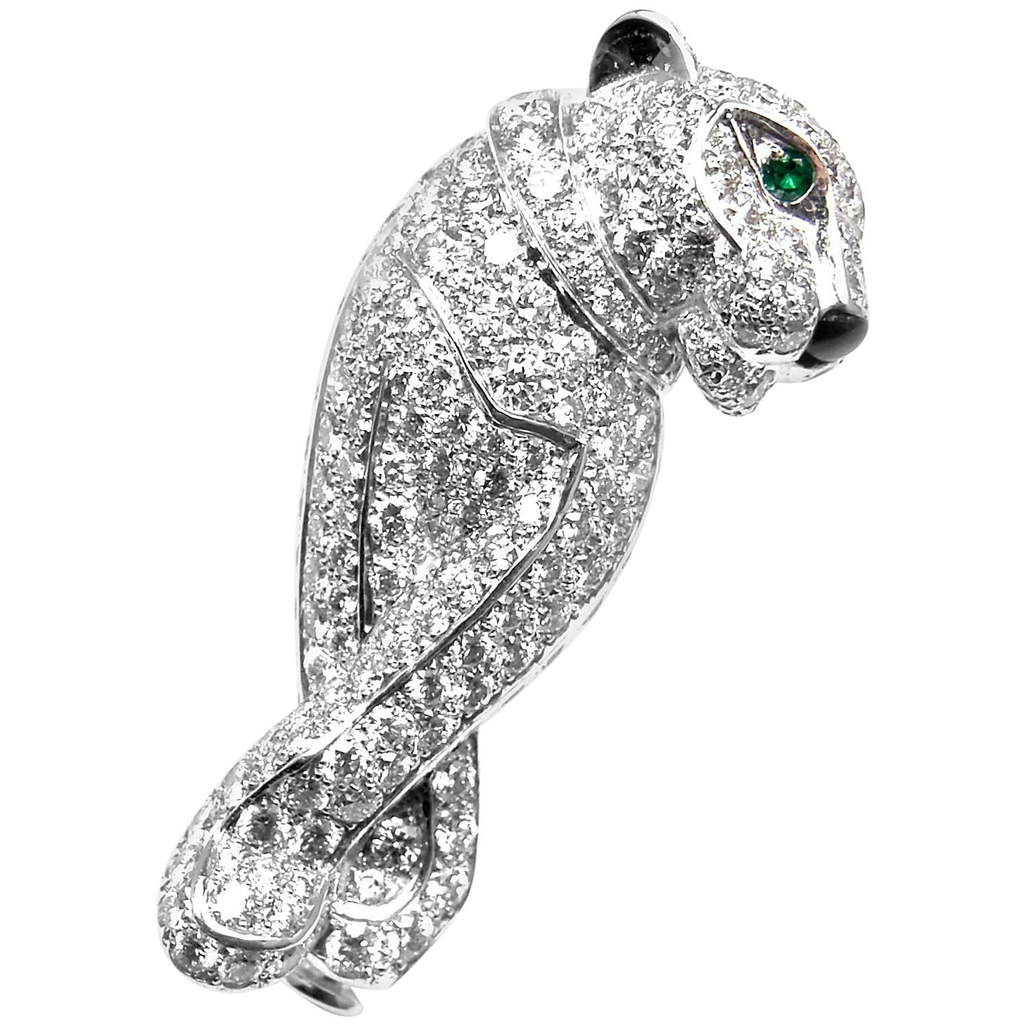 Cartier Panther Panthere Diamond Onyx Emerald White Gold Pin Brooch