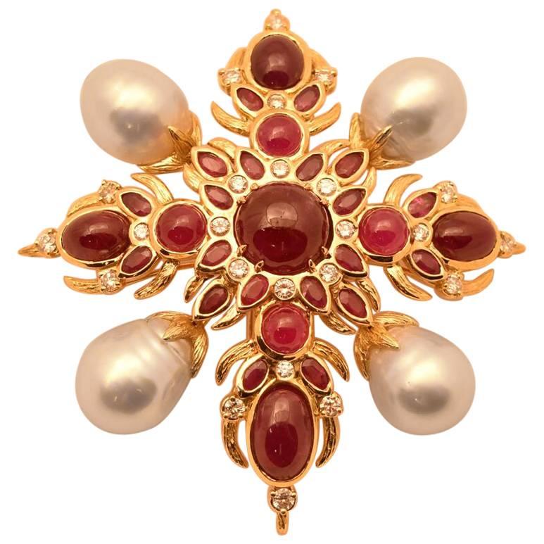 Exquisite Tony Duquette Ruby Pearl and Diamond Gold Brooch Pin