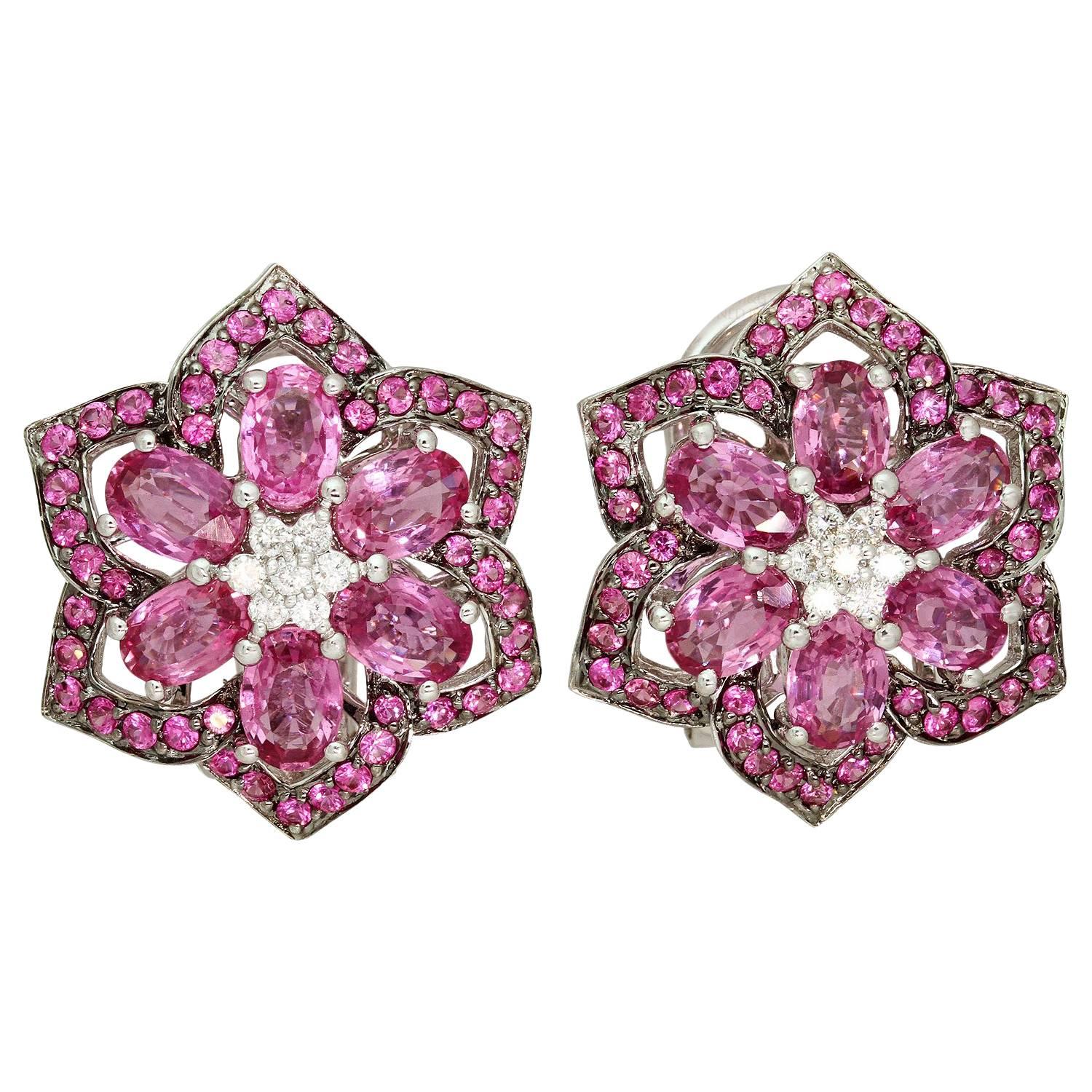 White Diamond Pink Sapphire Flower Earrings