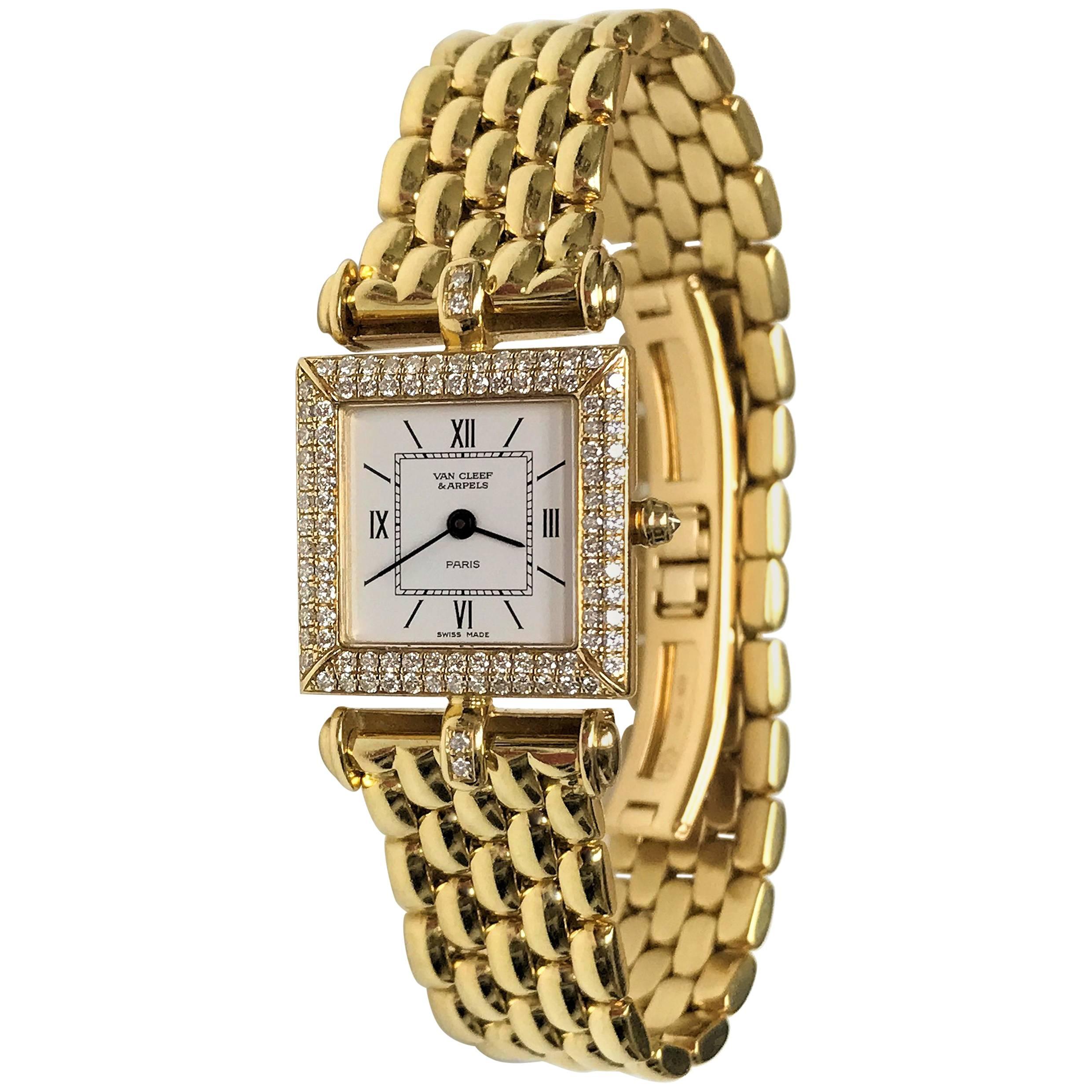 Van Cleef & Arpels Ladies Yellow Gold Diamond Classique Quartz Wristwatch For Sale