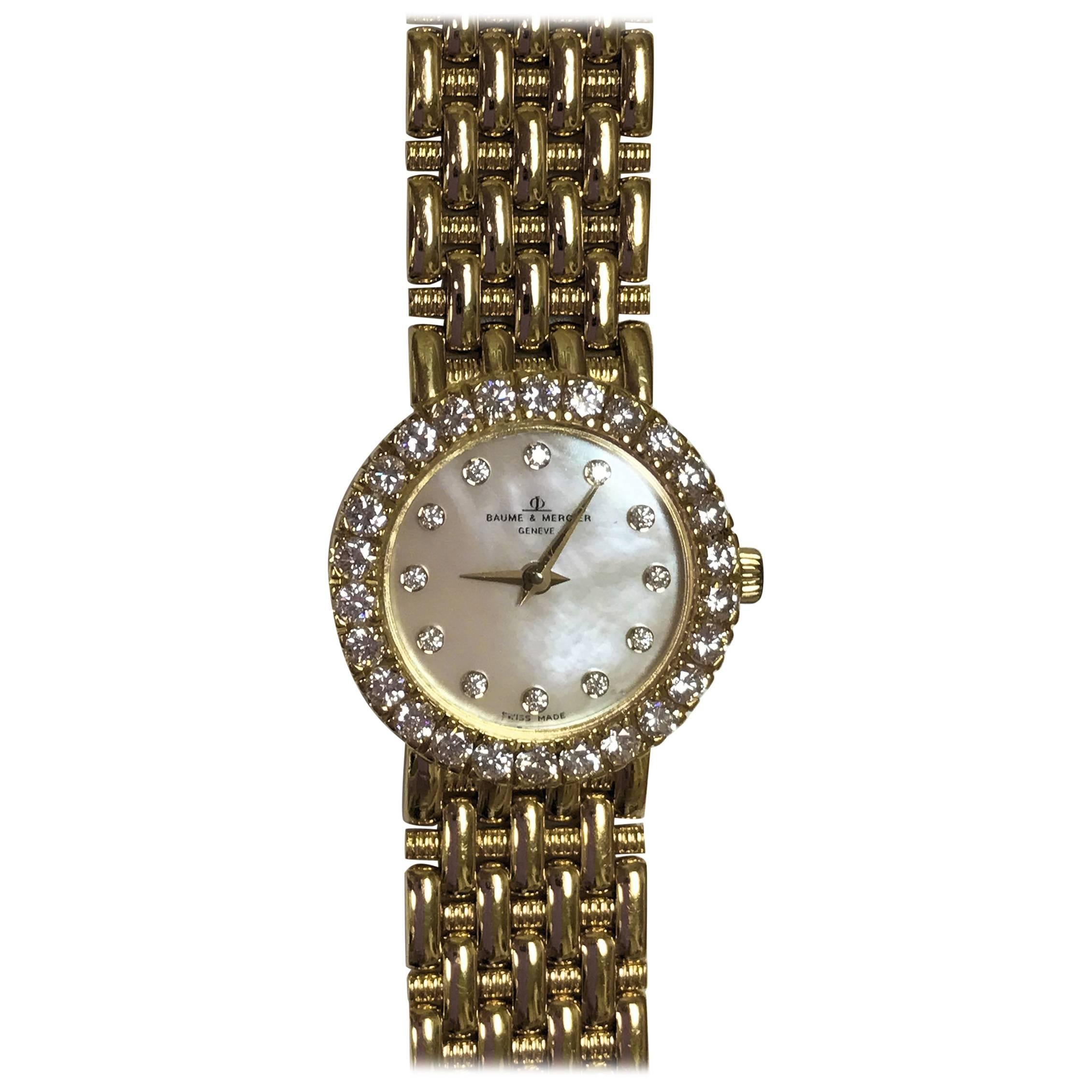 Baume Mercier Yellow Gold Mother-of-Pearl Diamond Dial and Bezel Wristwatch For Sale