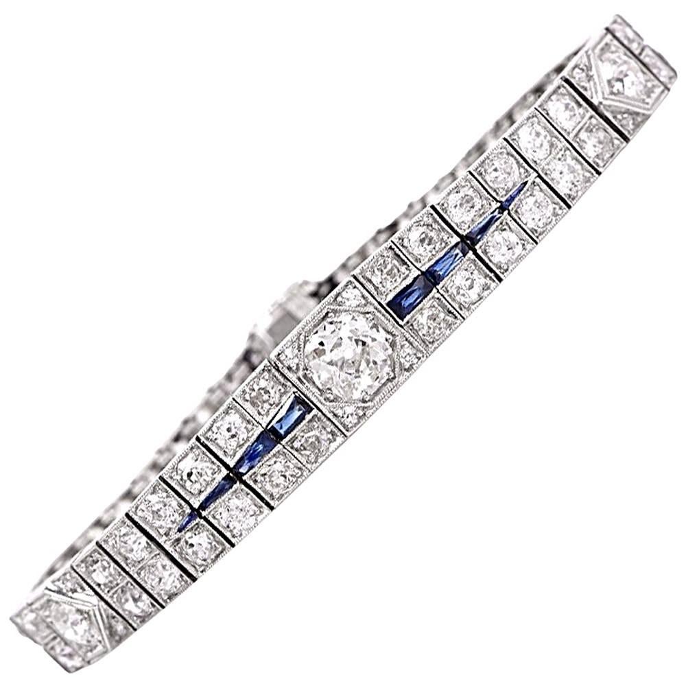 1930s Antique Deco Diamond Sapphire Platinum Link Bracelet
