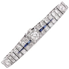 1930s Antique Deco Diamond Sapphire Platinum Link Bracelet 12