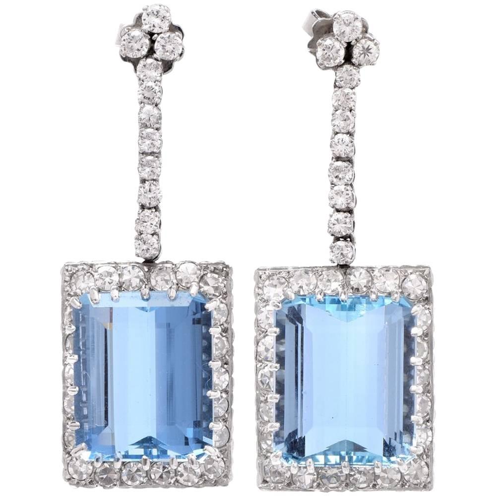 1960s Santa Maria Aquamarine Diamond Platinum Pendant Earrings