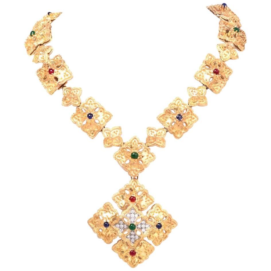 1970s Vintage Diamond Multi Gemstone Gold Pendant Necklace and Bracelet