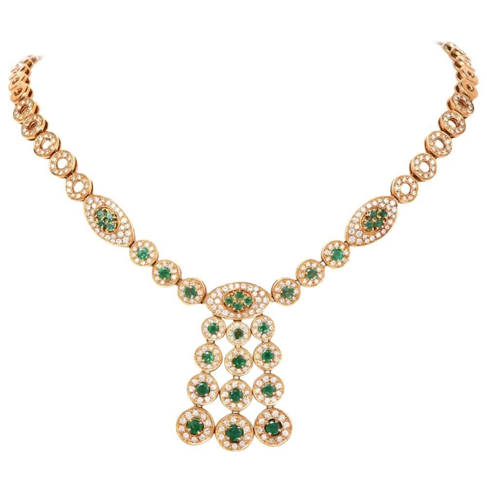 1970s Diamond Emerald Tassel Gold Necklace