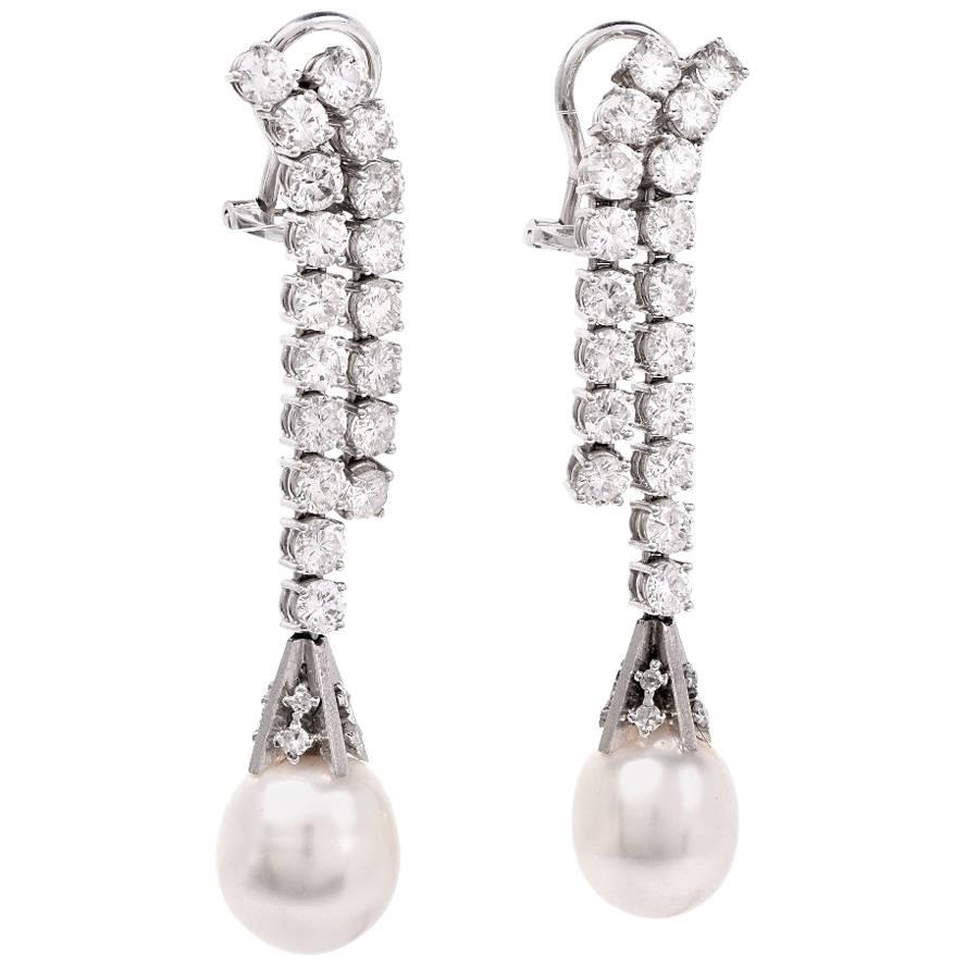 Vintage Diamond Platinum Pendant Drop Pearl Earrings