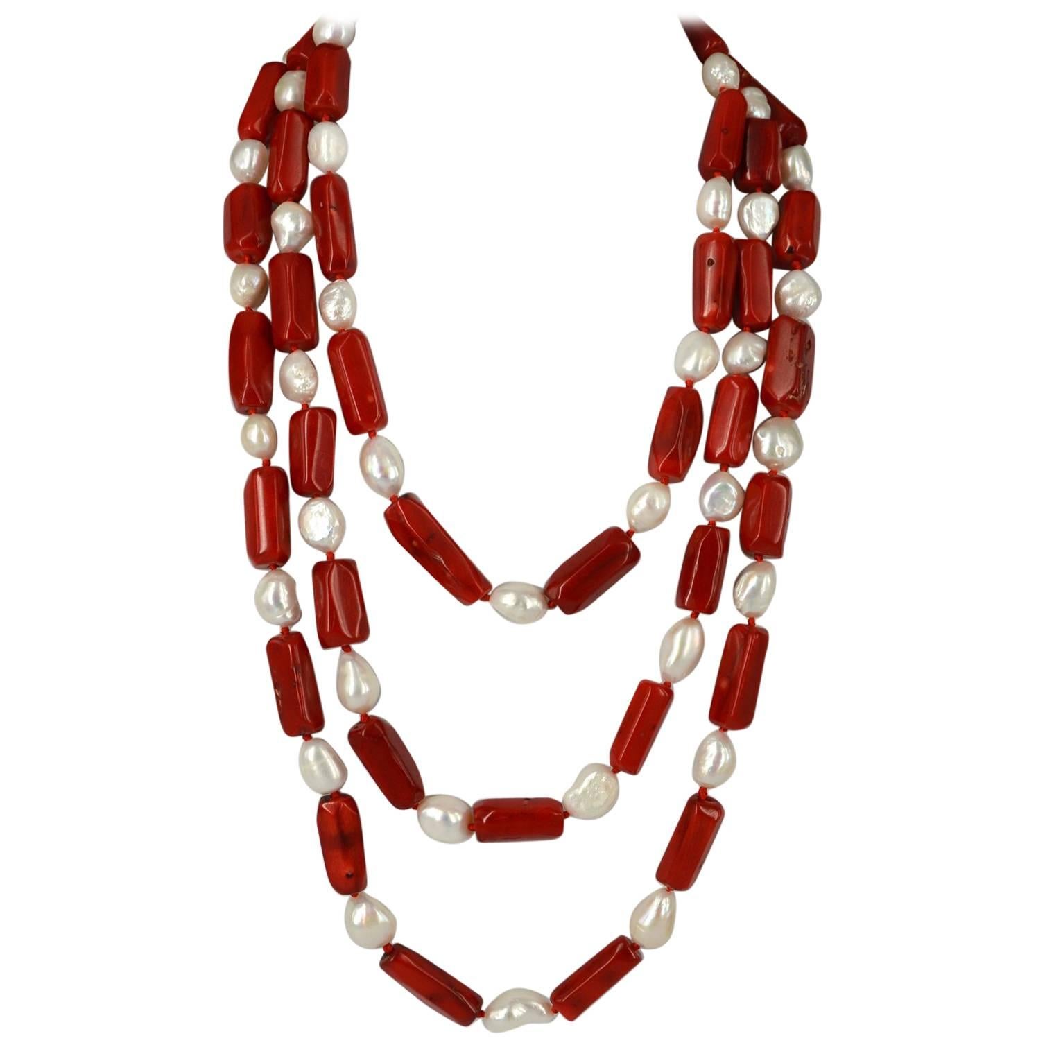 Decadent Jewels Red Sea Bamboo Coral Pearl Three Strand Silver Necklace