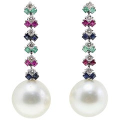 Vintage Luise Australian Pearl and Multi Gemstone Dangle Earrings