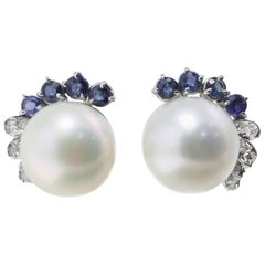 Luise Australian Pearl Diamond and Sapphire Stud Earrings