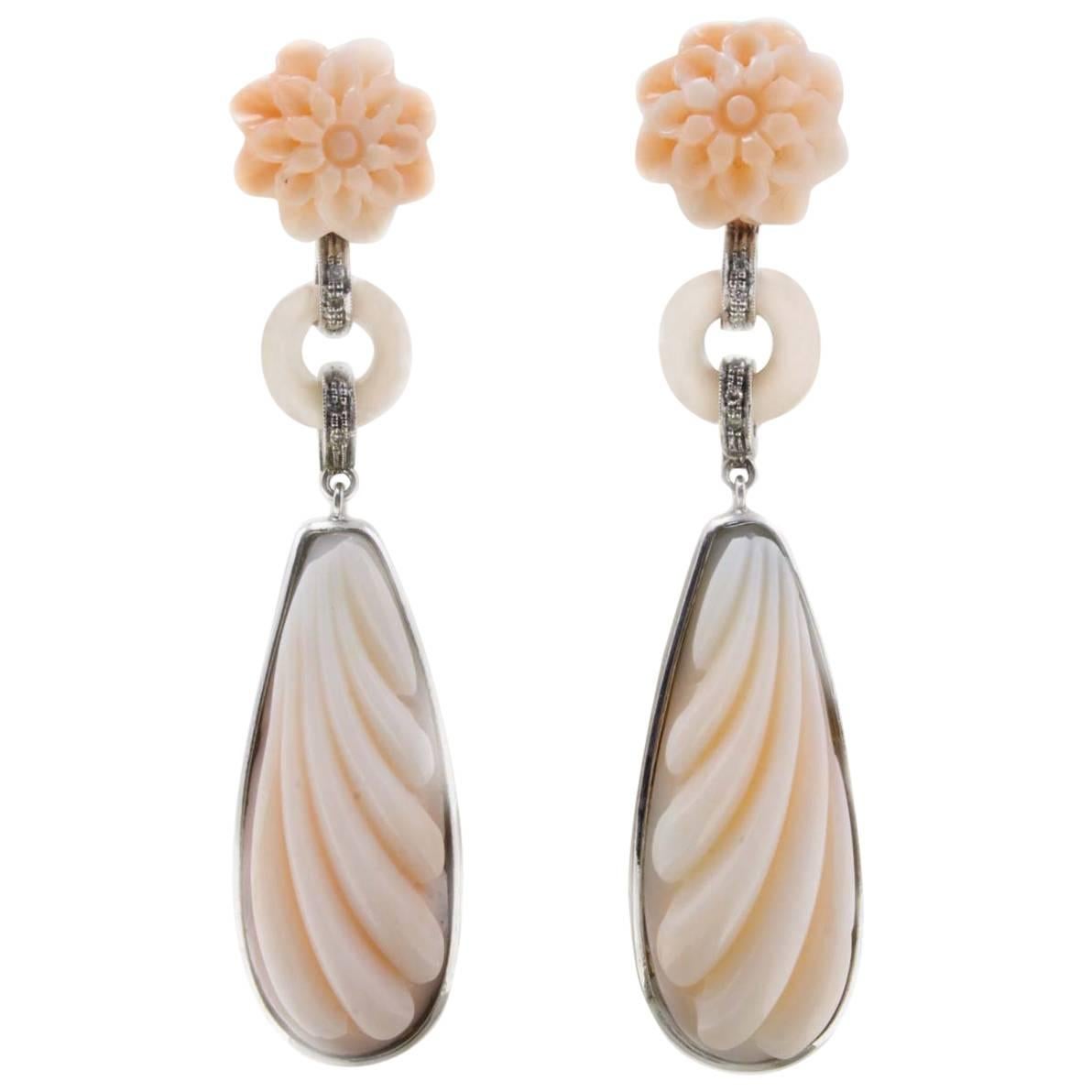 Pink Coral Flowers Rings and Drops, White Diamonds, White Gold  Drop Earrings For Sale