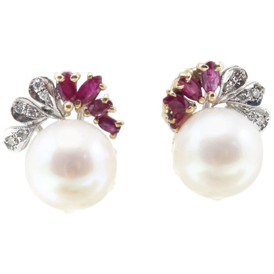 Sea Pearls Gold Earrings with Diamonds and Rubies