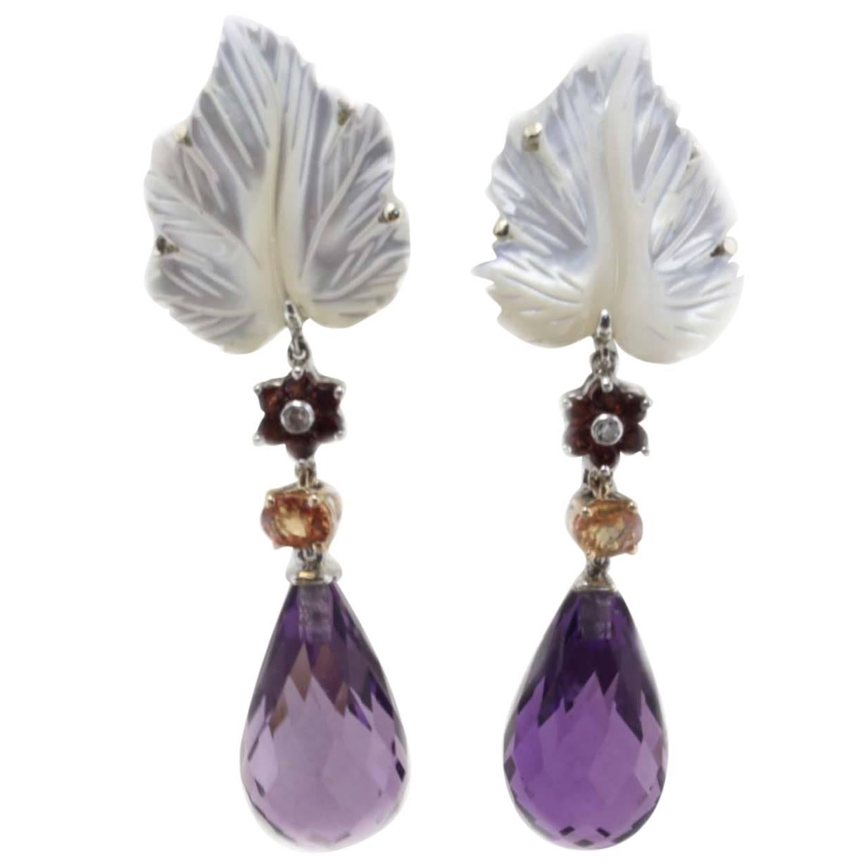  Diamonds White Stones Leaves, Amethyst Drops and Sapphires Gold Earrings