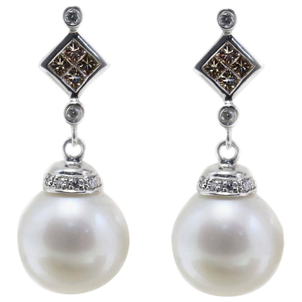 5.20 g Australian  Pearls, 1.48 ct Brown Fancy Diamonds White Gold Earrings For Sale