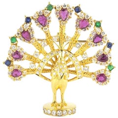Yellow Gold Multi-Gemstone Peacock Brooch 9