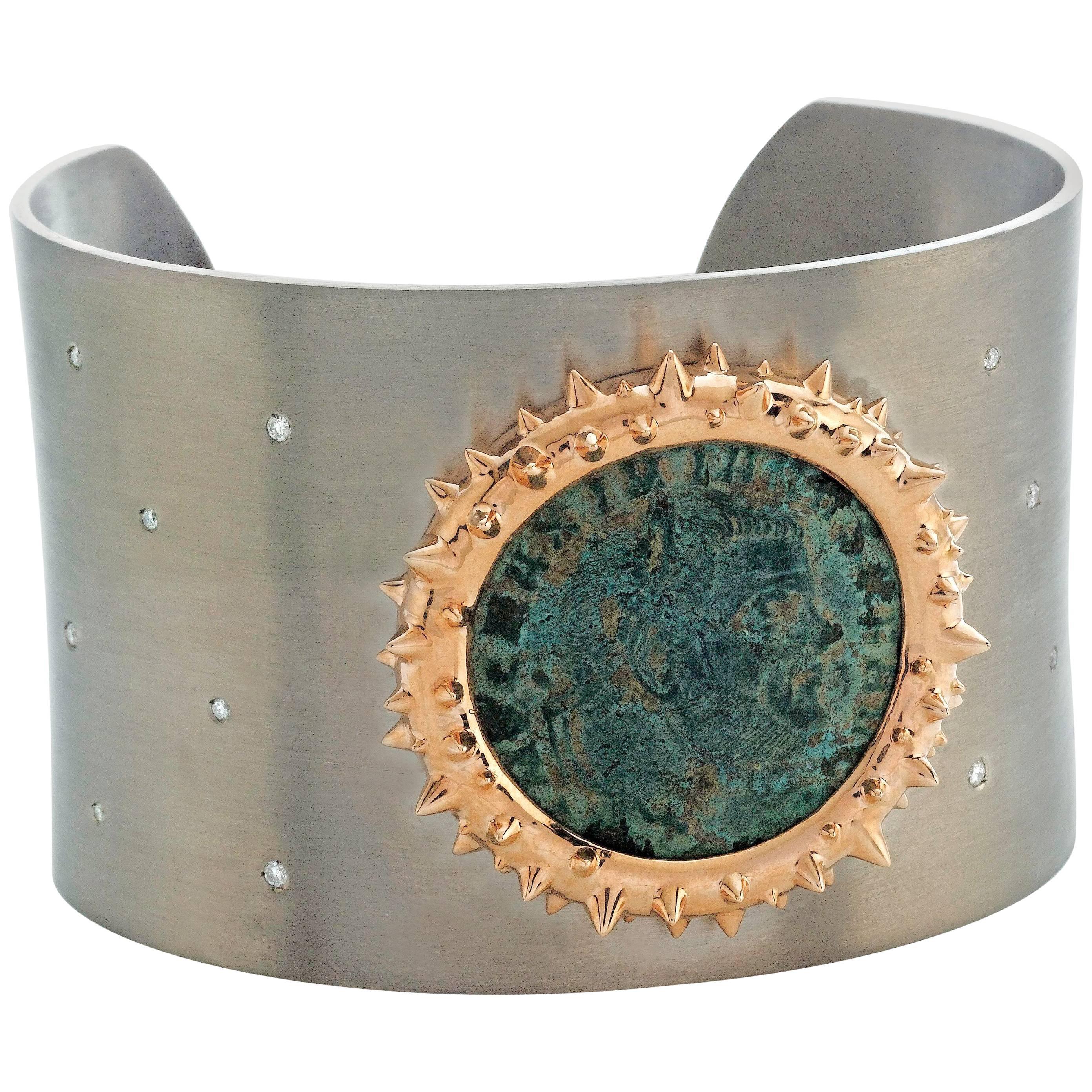 1884 Collection Ancient Roman Coin Rose Gold Diamond and Titanium Cuff Bracelet For Sale
