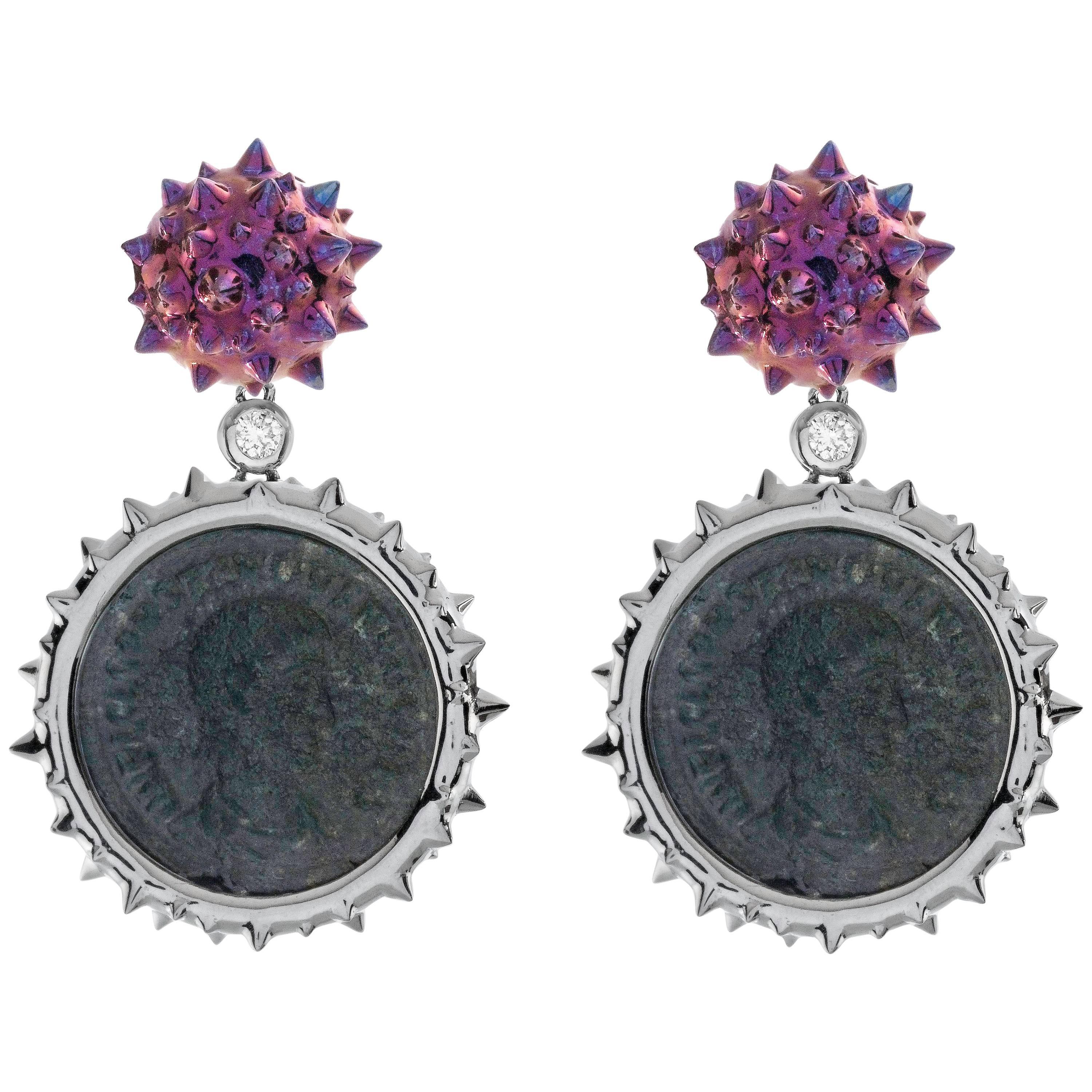 1884 Collection Ancient Roman Coin White Gold Diamond and Titanium Drop Earrings For Sale