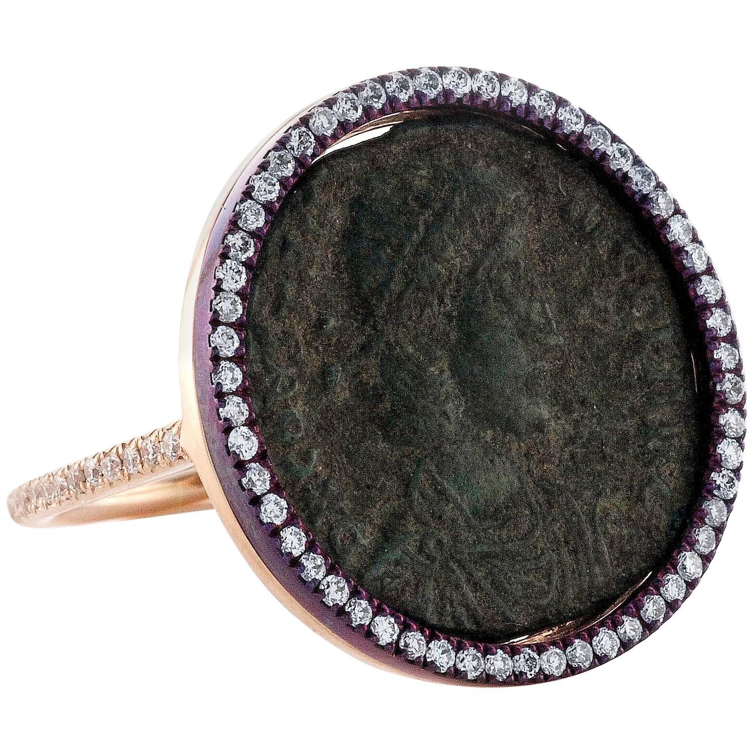 1884 Collection Ancient Roman Coin Rose Gold Diamond and Purple Titanium Ring For Sale