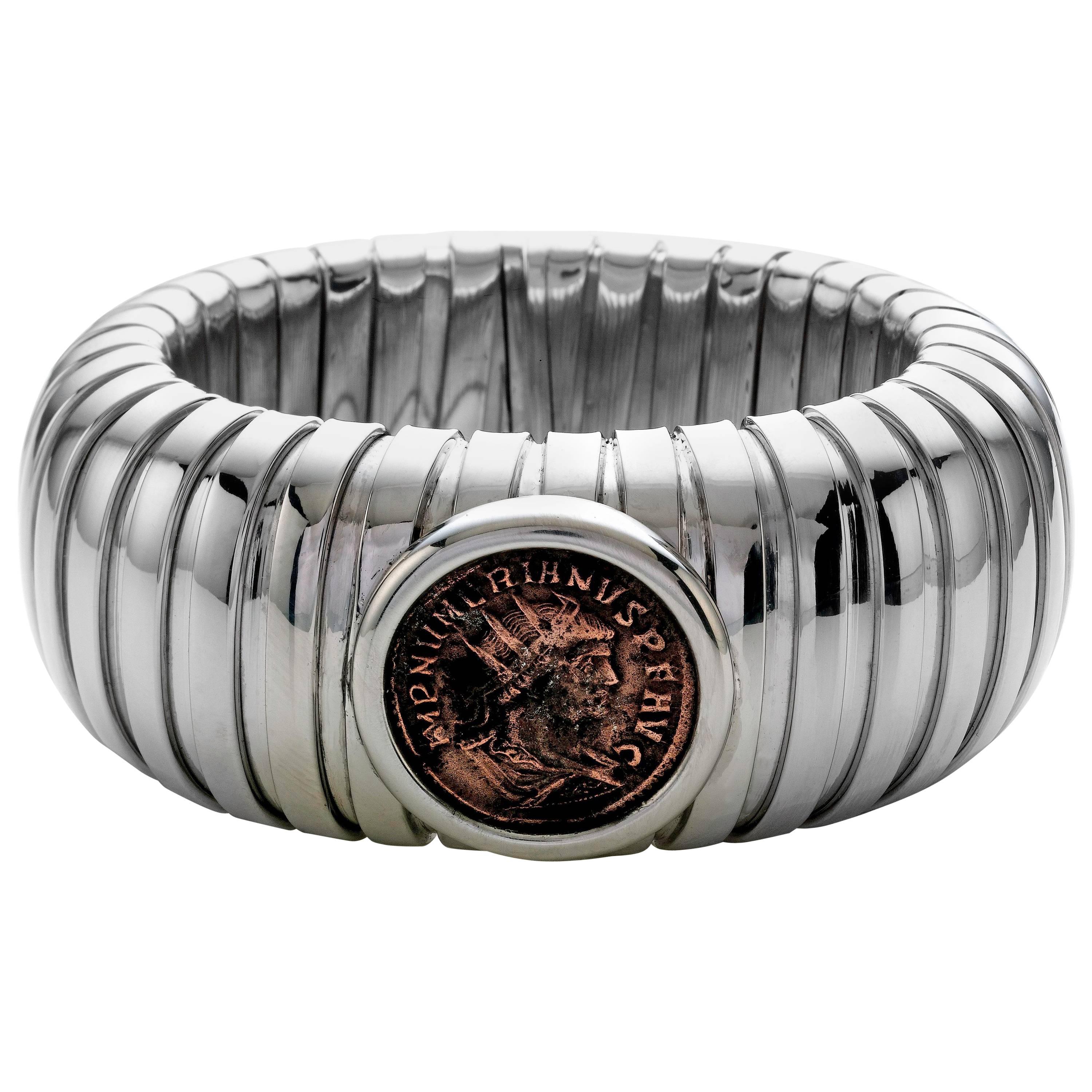 1884 Collection Ancient Roman Coin Sterling Silver Tubogas Cuff Bracelet For Sale