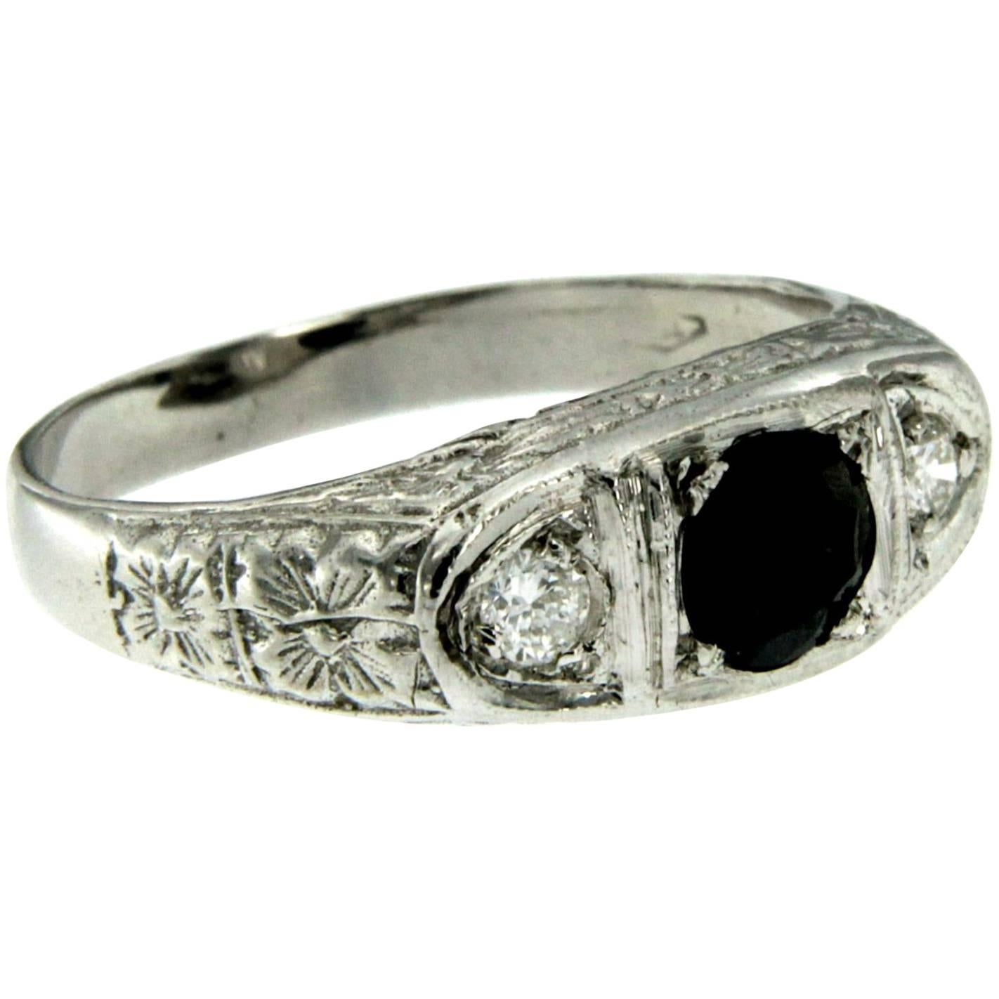 Art Deco Three-Stone Diamond Sapphire Gold Ring