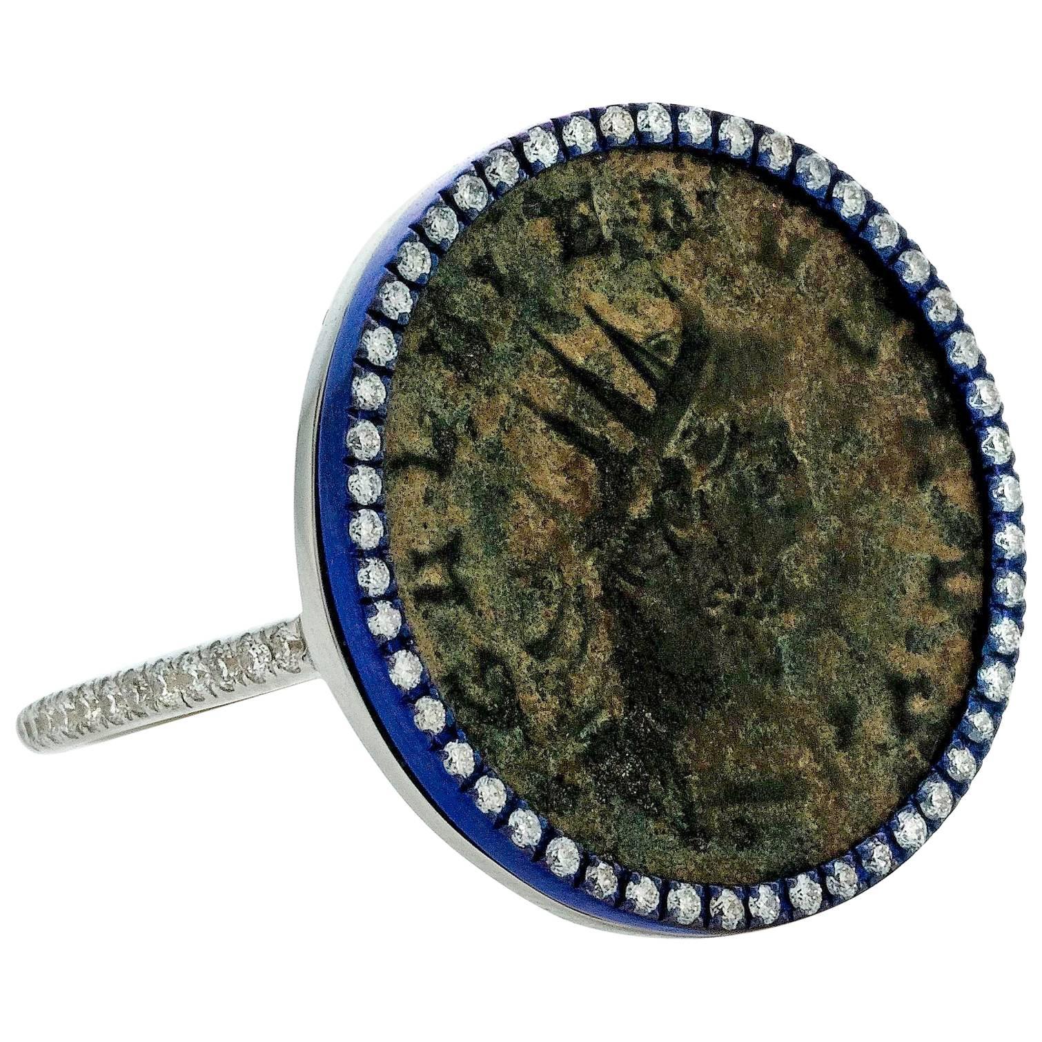 1884 Collection Ancient Roman Coin Gold Diamond and Blue Titanium Ring For Sale