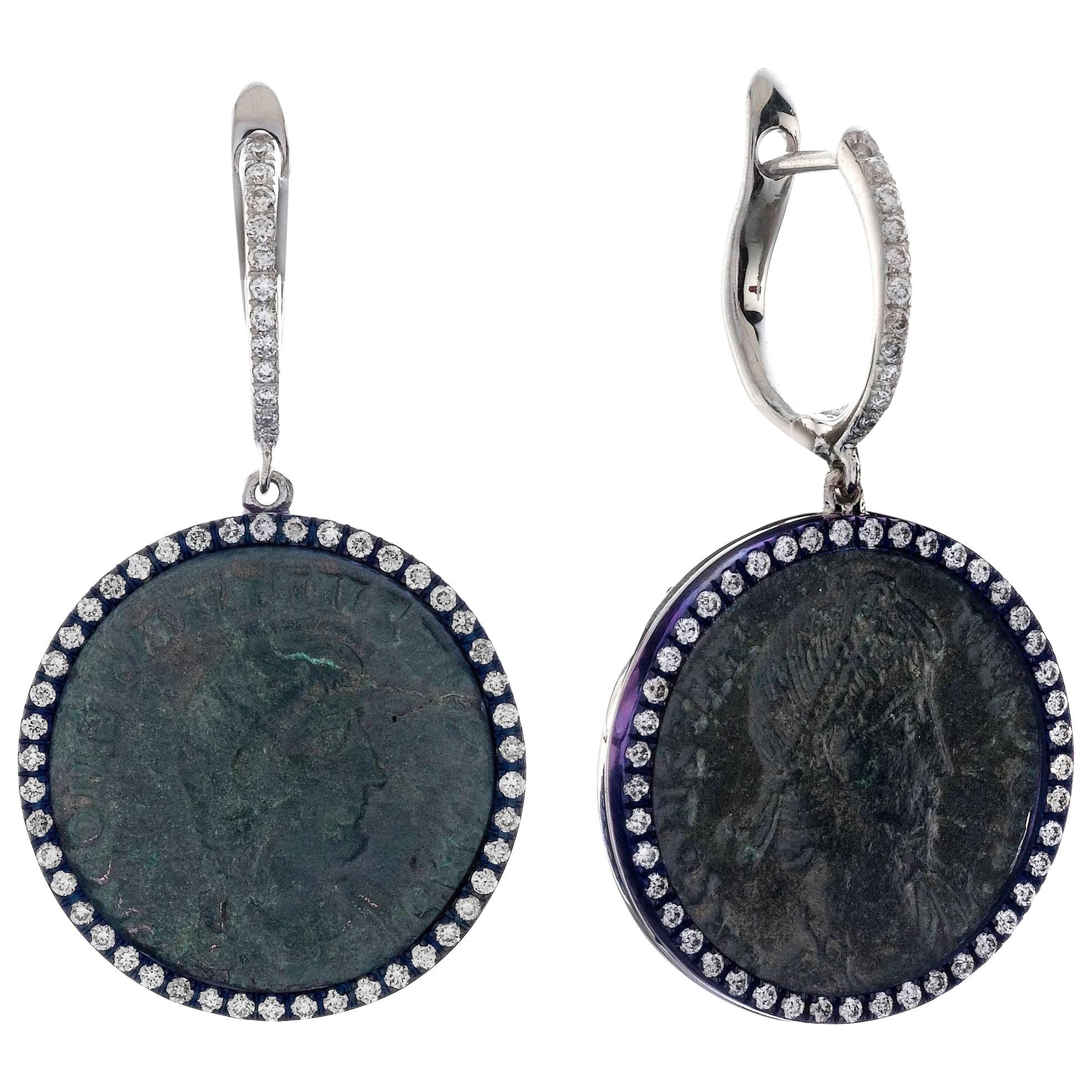 1884 Collection Ancient Roman Coin Gold Diamond and Blue Titanium Drop Earrings For Sale